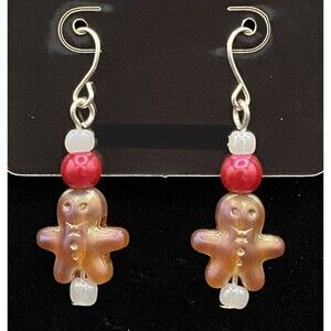 Handmade Glass Gingerbread Man with Red & White Bead Earrings by Neanie-Bot